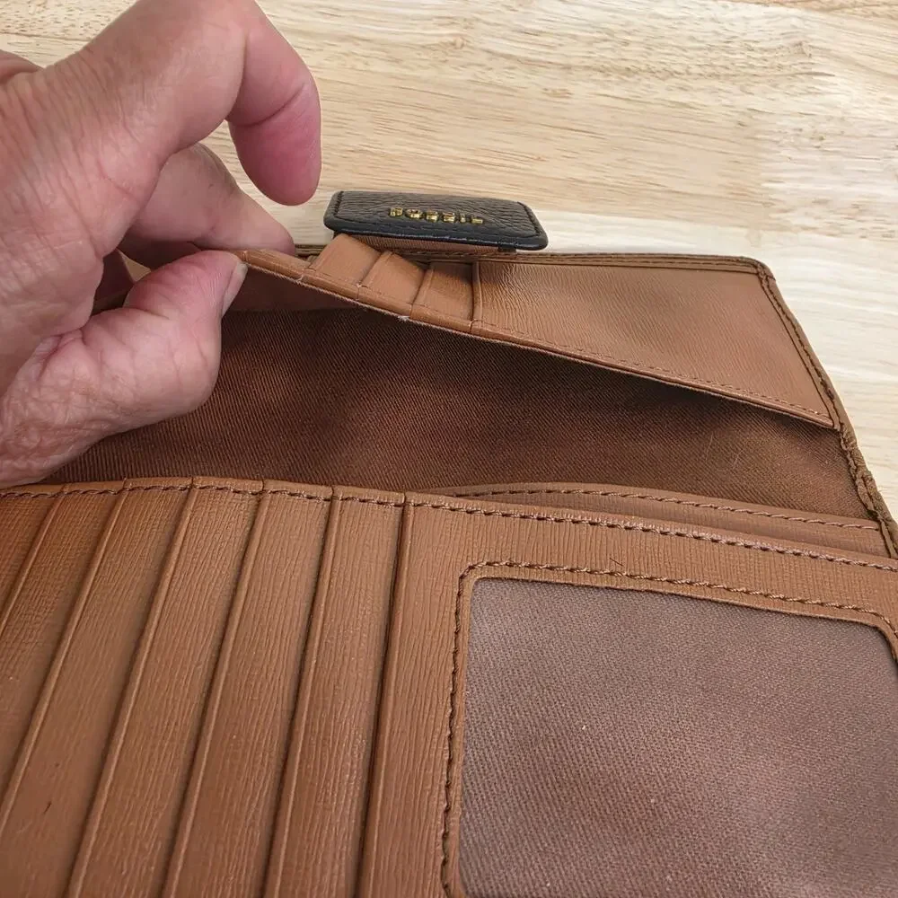 Fossil Colorblock Leather Bifold Wallet Trifold Organizer Brown Tan Black 8x3.5